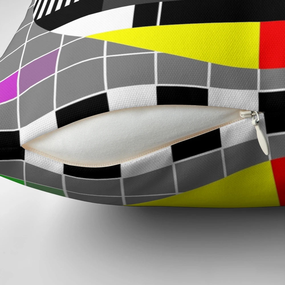 Vibrant TV-themed pillow with an analog television design