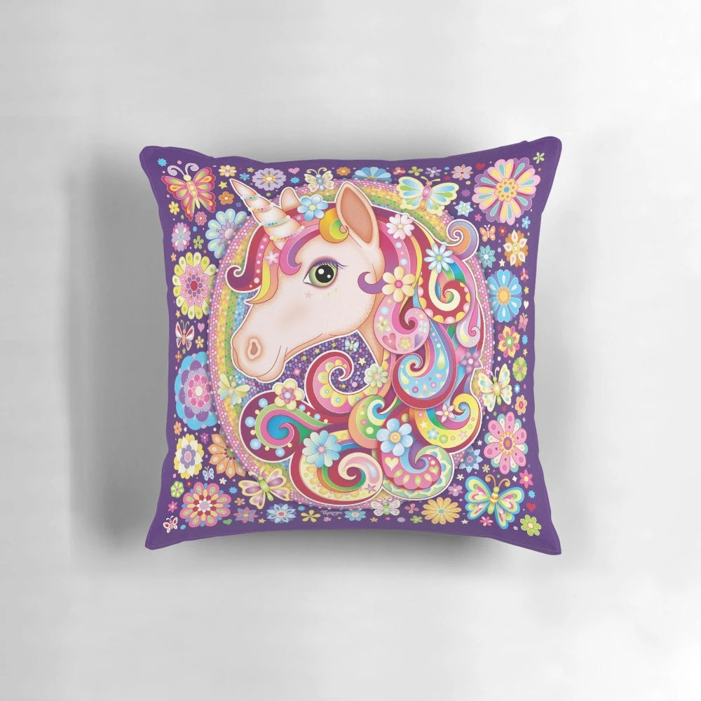 Vibrant, detailed unicorn art with rainbow colors, flowers, and butterflies printed on a soft, comfortable pillow.