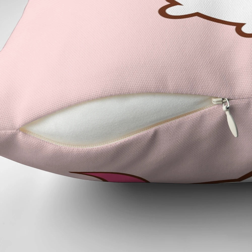 Vibrant throw pillow featuring a colorful unicorn design with candy, sweets, and pastry elements.