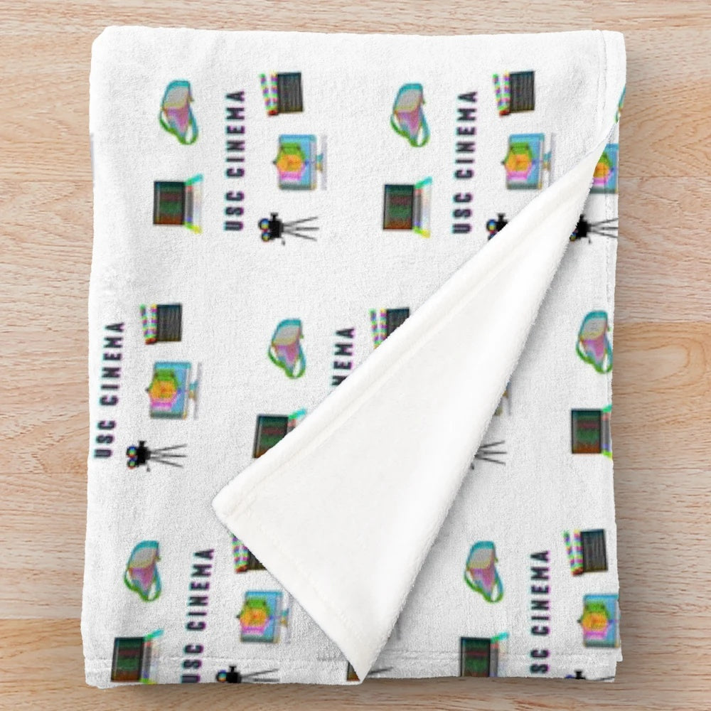Vibrant plush blanket featuring USC-inspired cinema and technology design elements