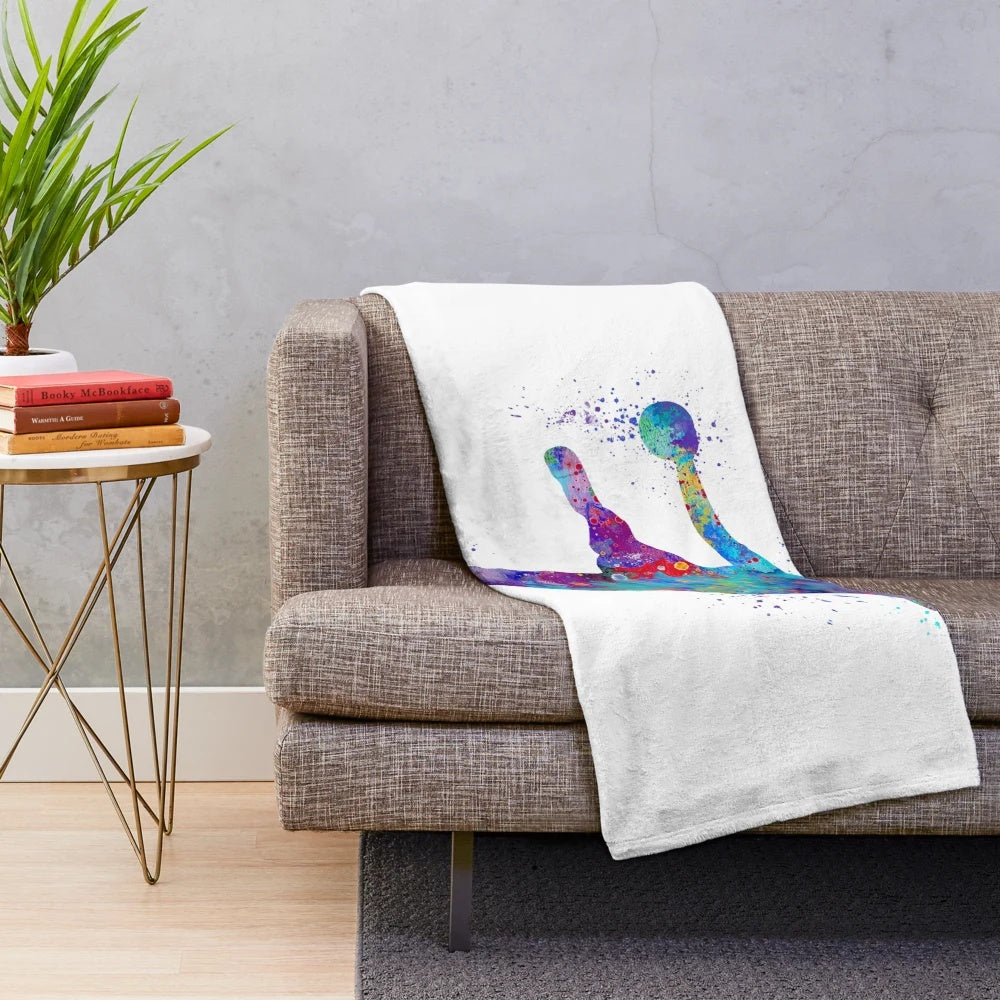 Colorful watercolor silhouette plush blanket featuring a handball player