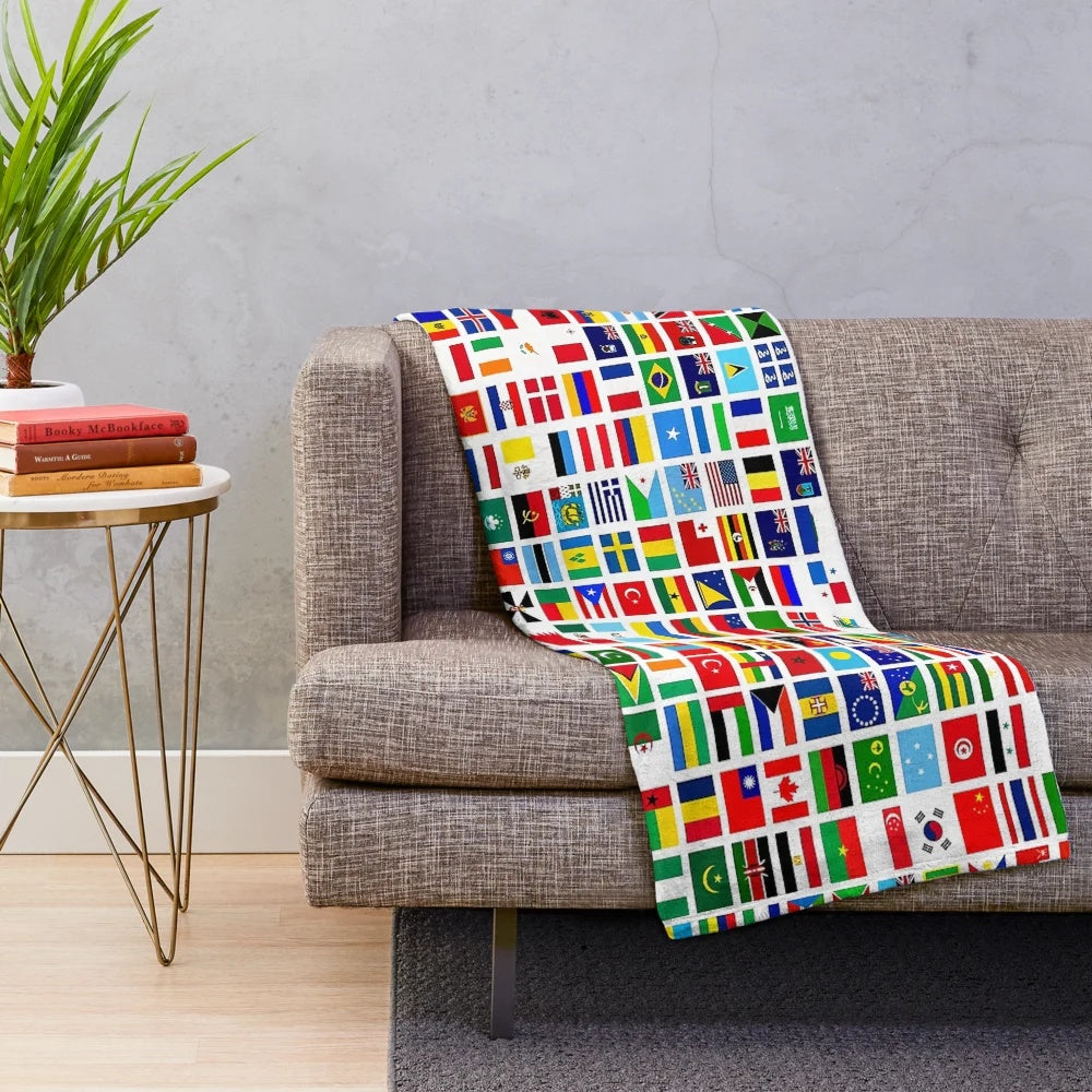 Colorful plush blanket featuring the flags of the world