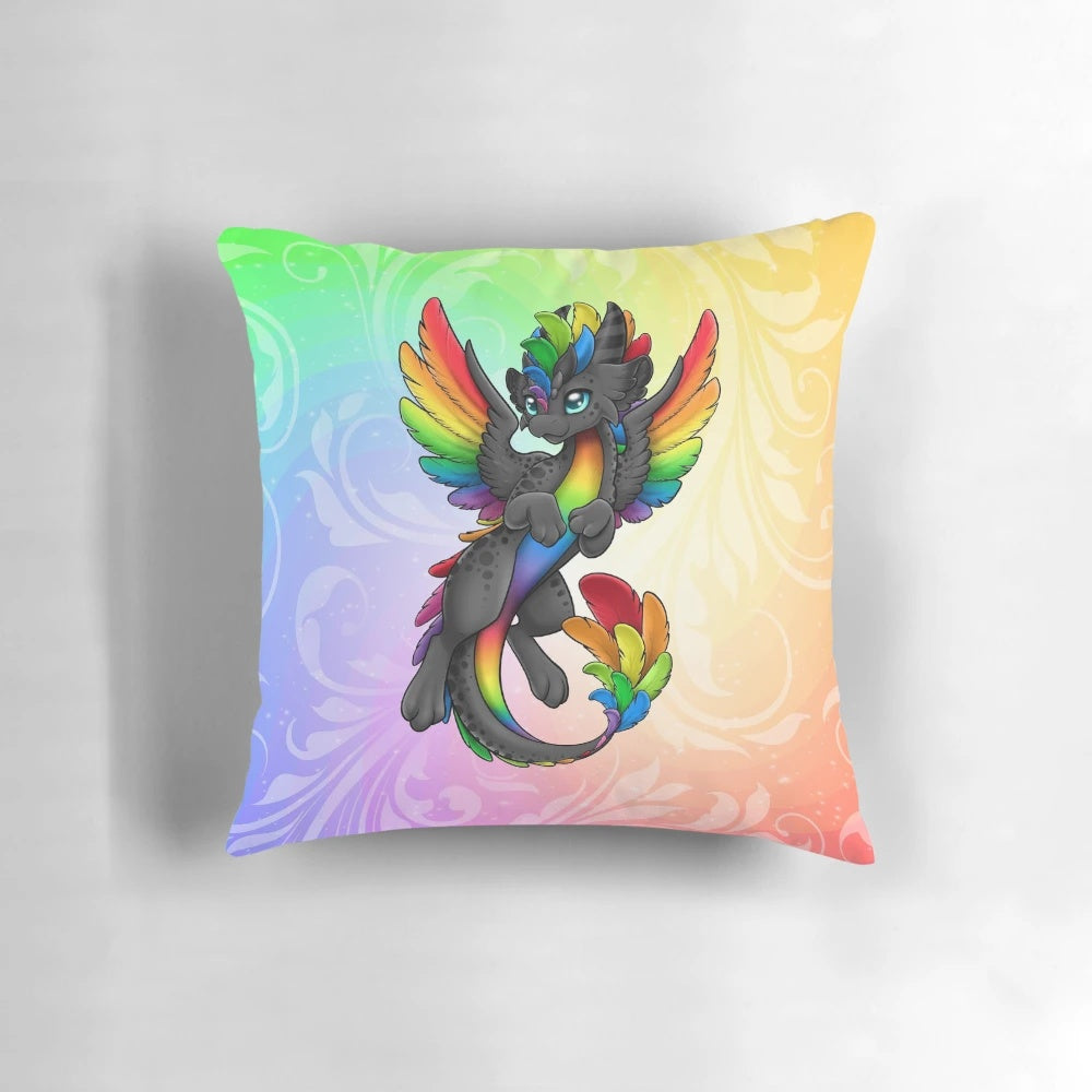 Vibrant dragon-themed throw pillow in black and rainbow colors, perfect for zen-inspired home decor.