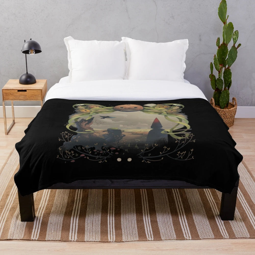 Pumpkin Party Plush Blanket featuring a cozy, cartoon-inspired forest scene