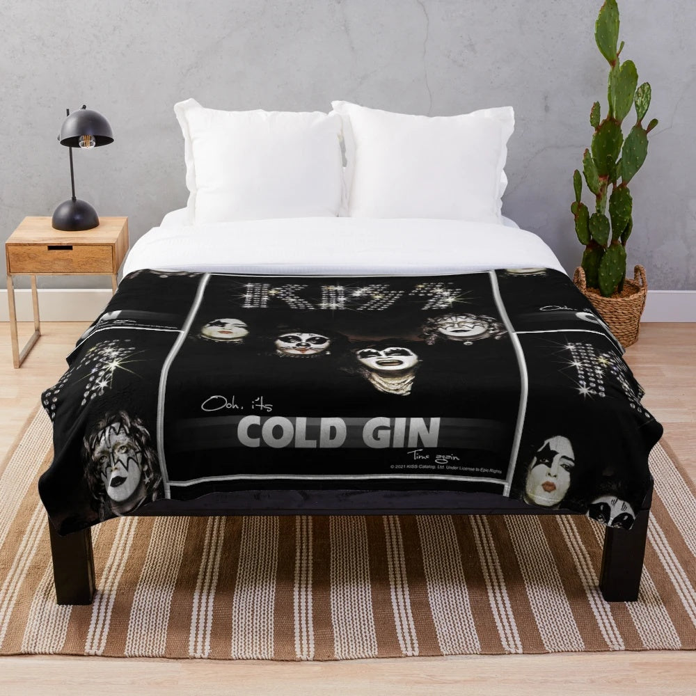 KISS band plush blanket featuring the group's 1974 album artwork and Cold Gin lyrics