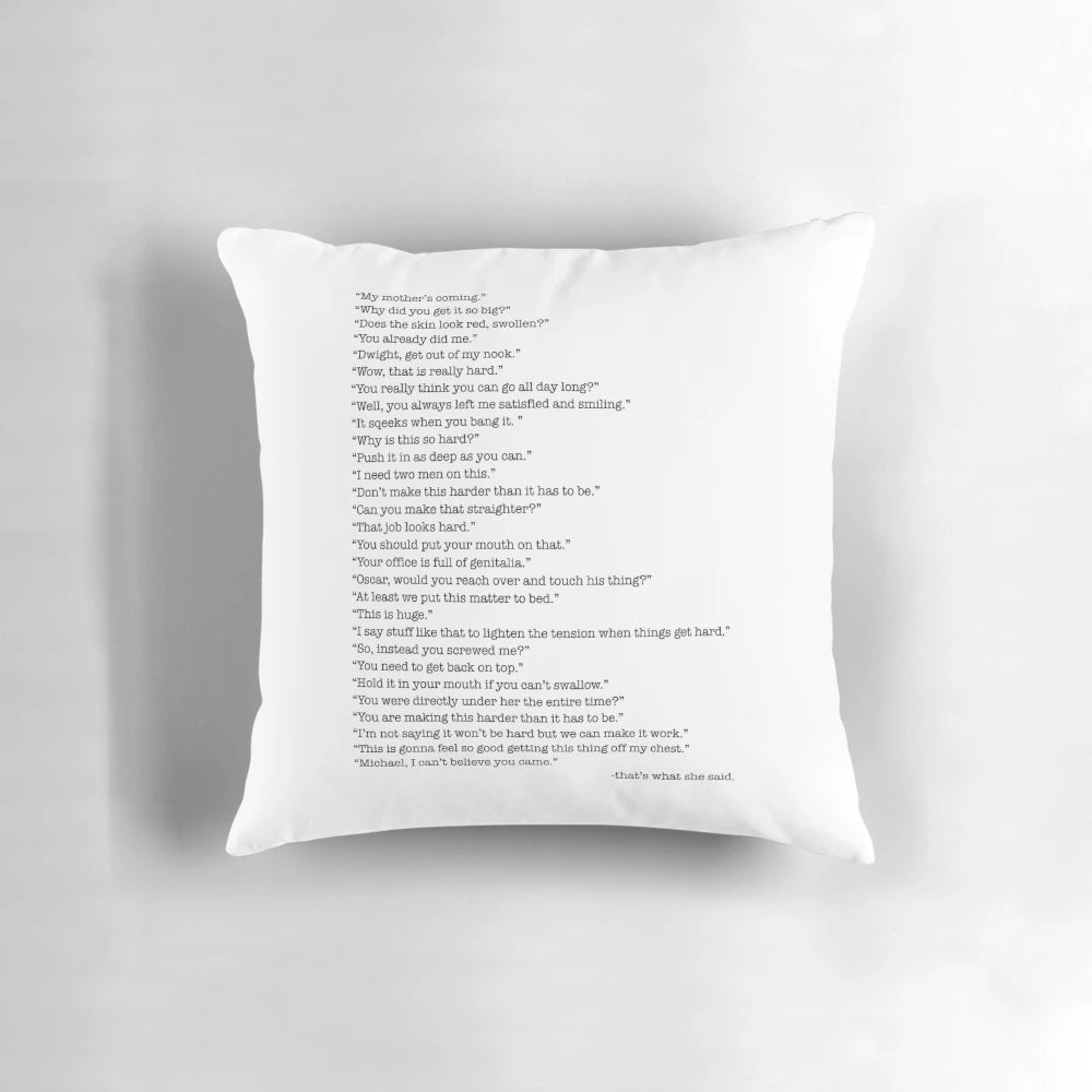 Plush office-themed pillow with "That's What She Said" quote