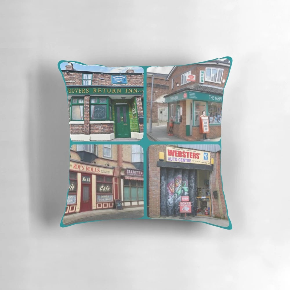 Coronation Street inspired pillow featuring Rovers Return, Roy's Rolls, The Kabin, and other iconic Coronation Street buildings