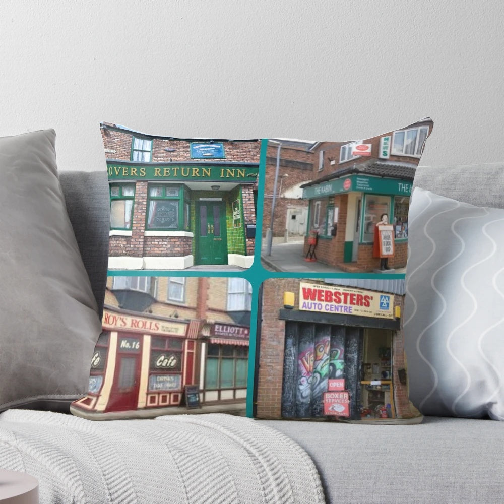 Coronation Street inspired pillow featuring Rovers Return, Roy's Rolls, The Kabin, and other iconic Coronation Street buildings