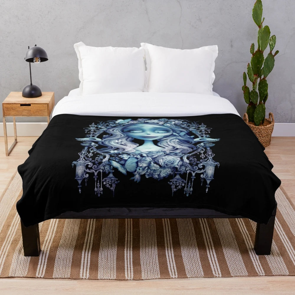 Corpse Bride inspired plush blanket with gothic and anime-style design