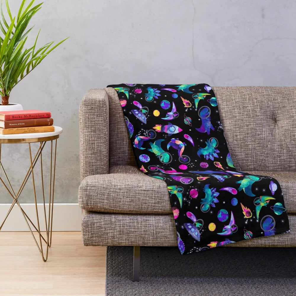 Cosmic dinosaur astronaut watercolor pattern plush blanket