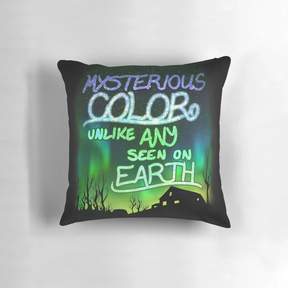 Mysterious colored pillow with an otherworldly, eldritch design perfect for Lovecraft fans and horror home decor enthusiasts.