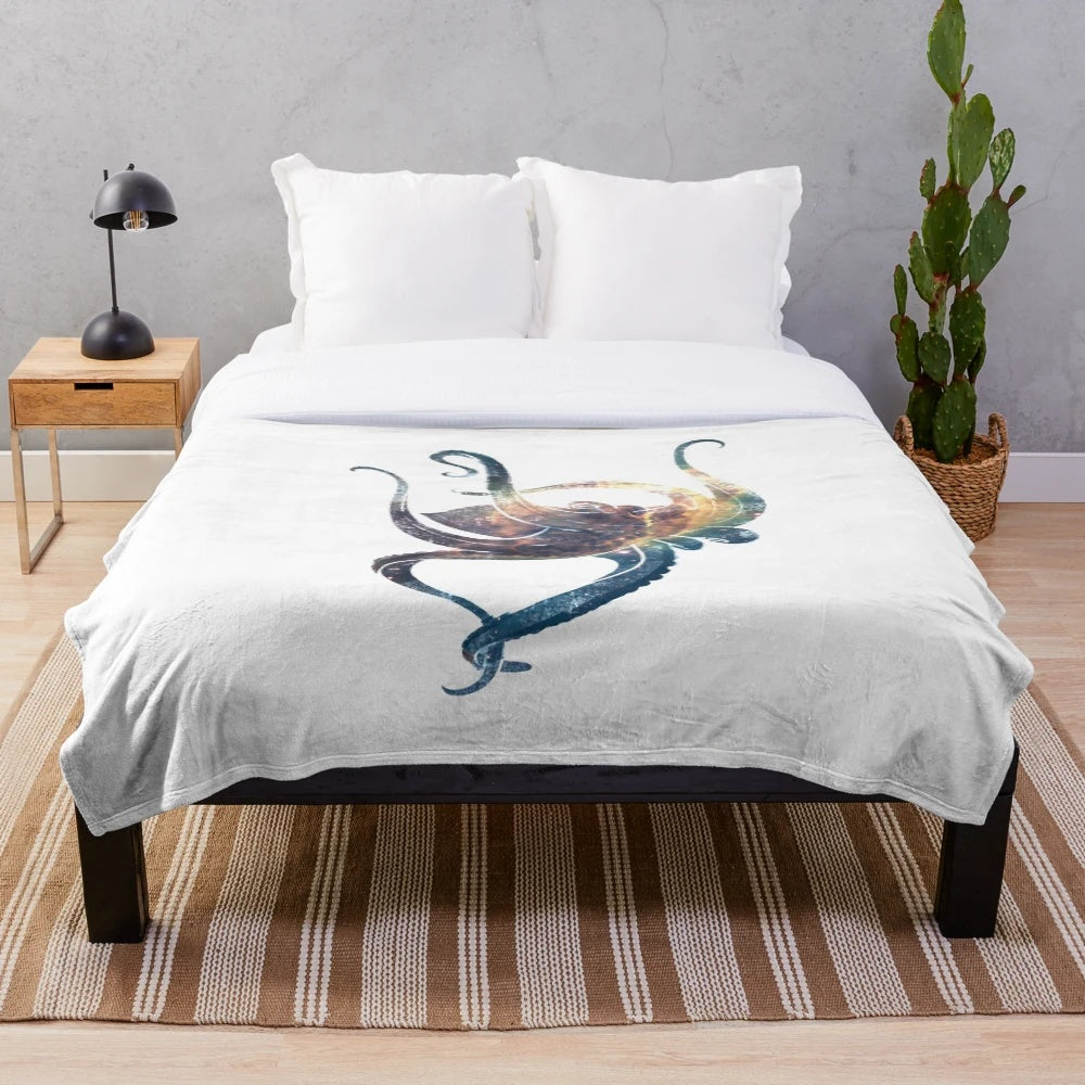 Plush blanket featuring a cozy octopus design against a starry night sky backdrop