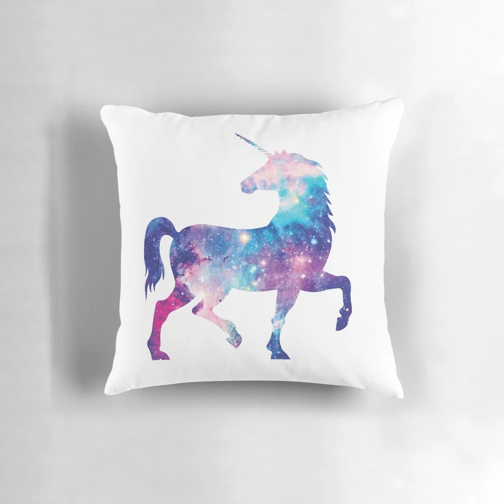 Vibrant cosmic watercolor unicorn throw pillow with a galaxy-inspired design, featuring a magical horn and glittery accents.
