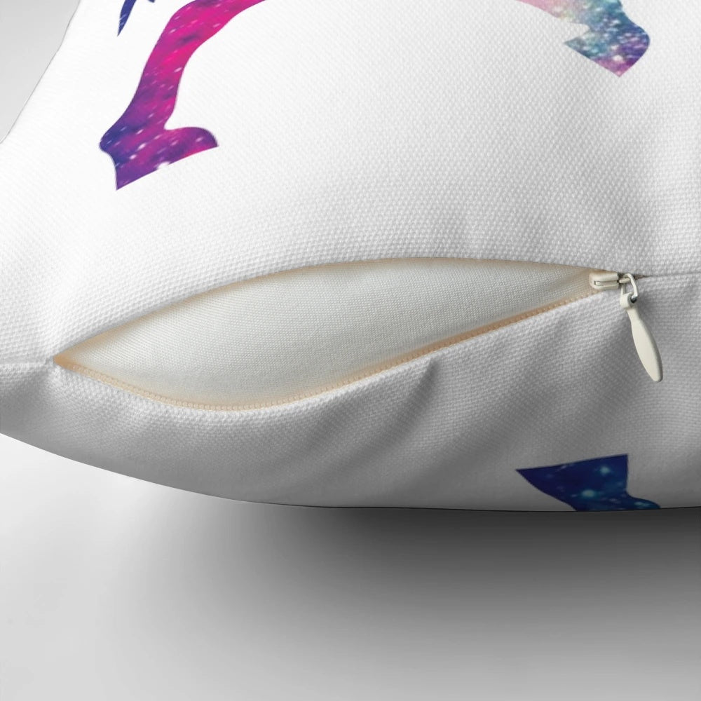 Vibrant cosmic watercolor unicorn throw pillow with a galaxy-inspired design, featuring a magical horn and glittery accents.