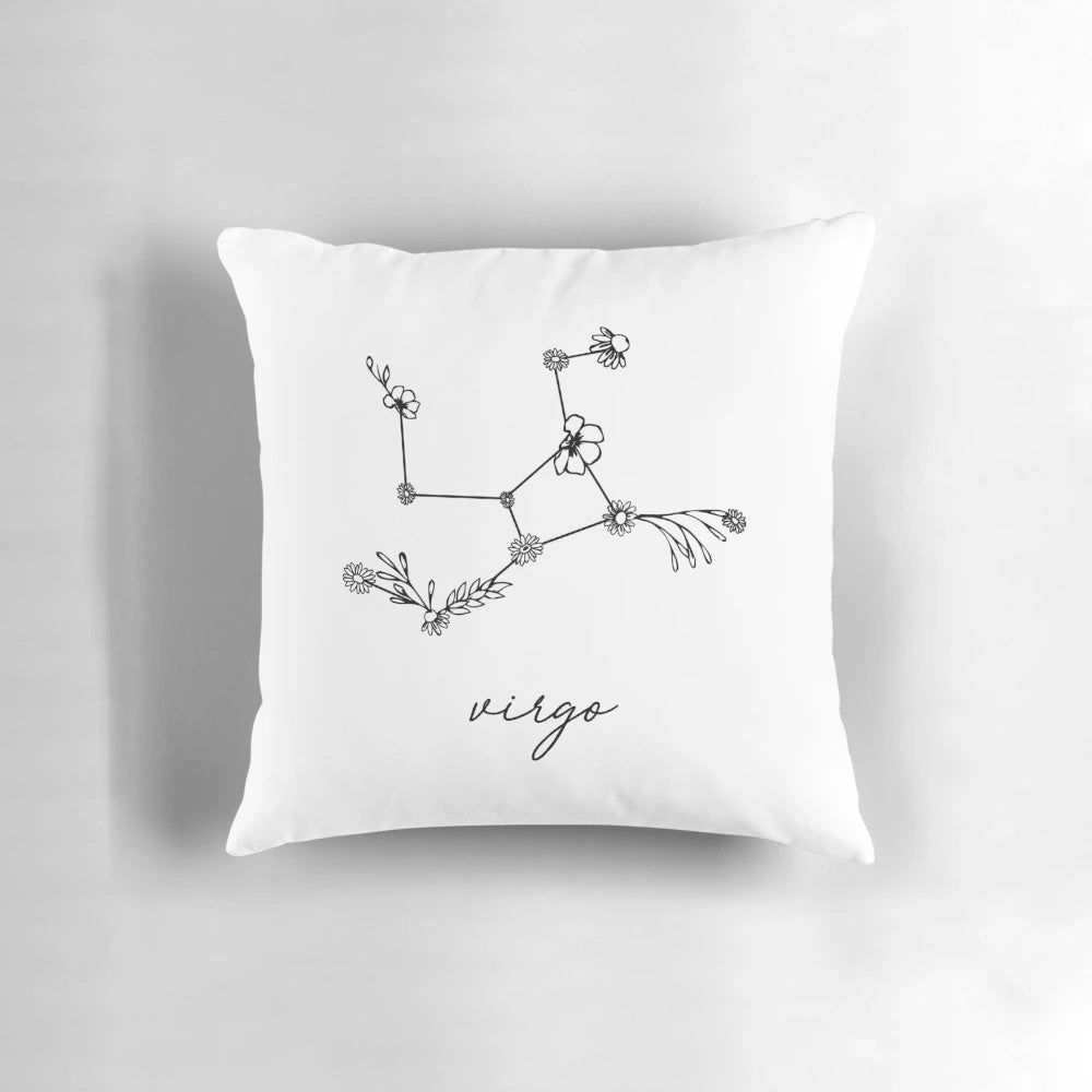 Virgo zodiac wildflower constellation throw pillow featuring a starry night sky and wildflowers