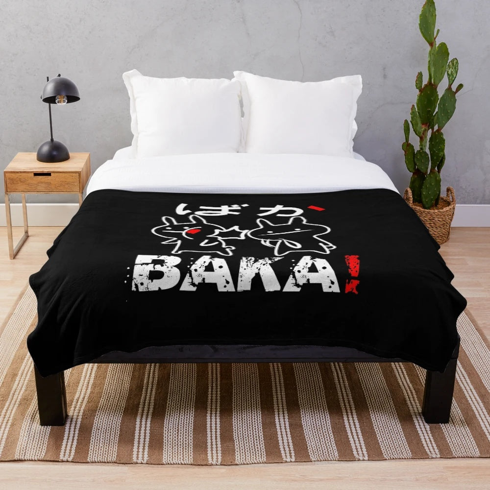 Cozy anime inspired plush blanket with funny baka rabbit slapping design