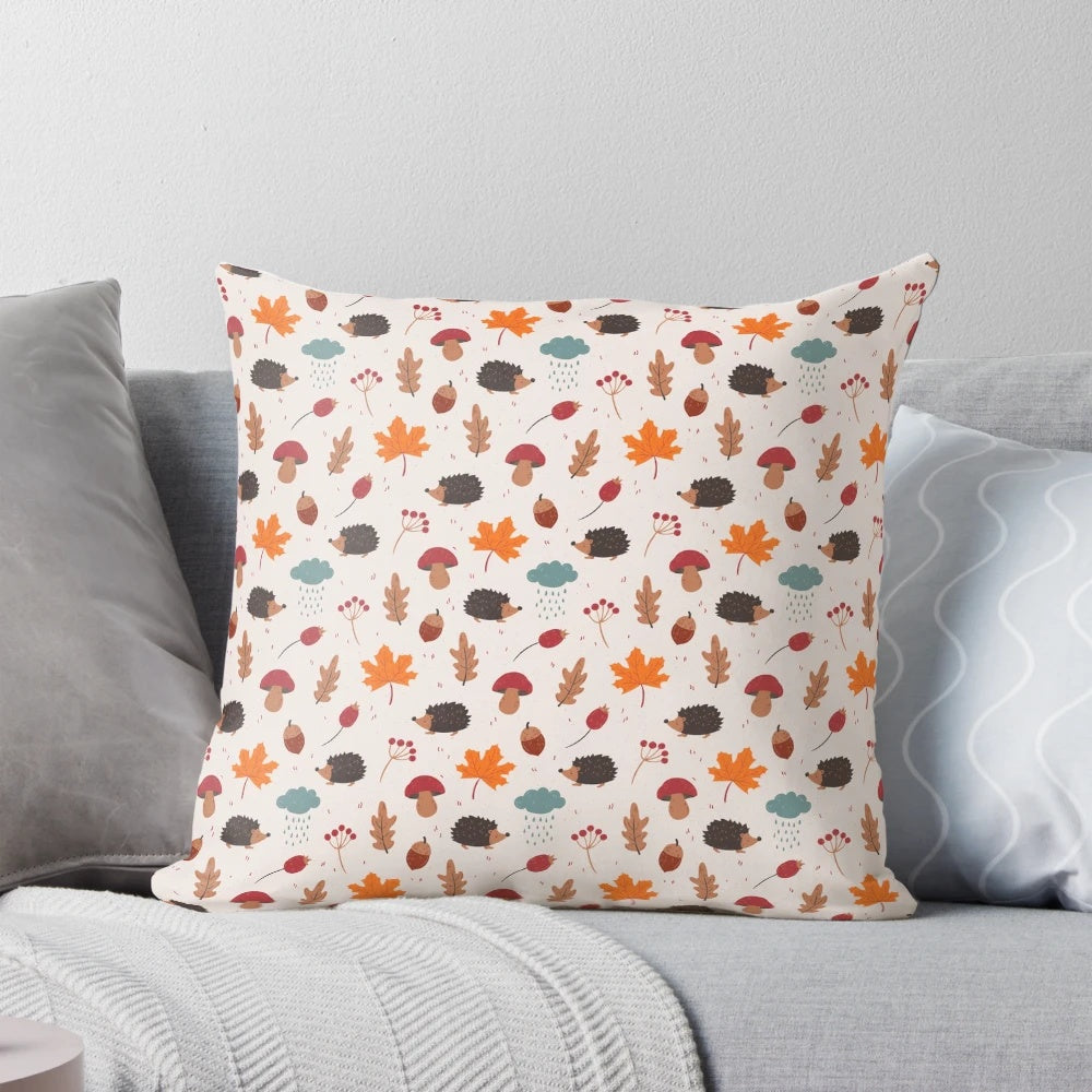Soft, plush autumn-themed pillow featuring a cute hedgehog design, perfect for adding a touch of nature to your home.