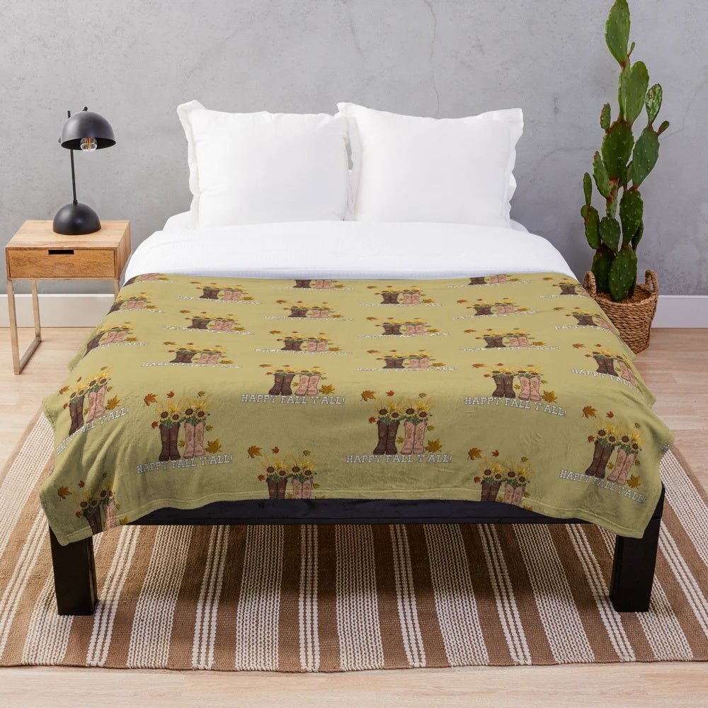 Soft and warm plush blanket featuring an autumn pumpkin patch design