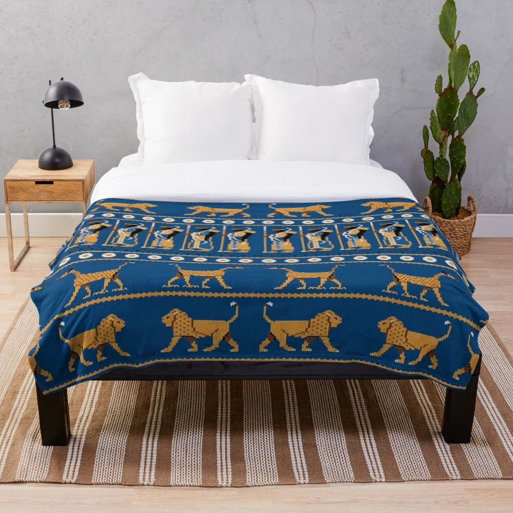 Babylon-inspired plush knitted blanket with Ishtar Gate design