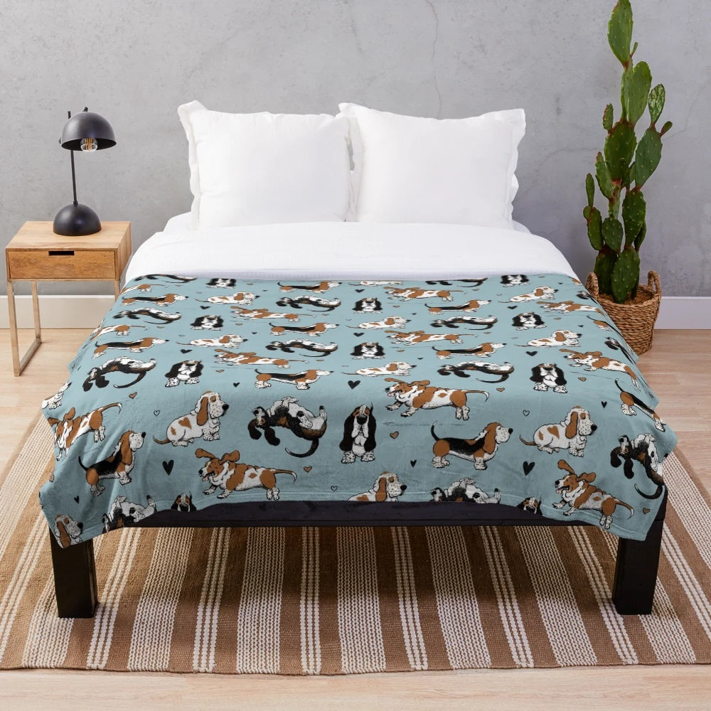 Soft and cuddly plush blanket featuring adorable basset hound puppies