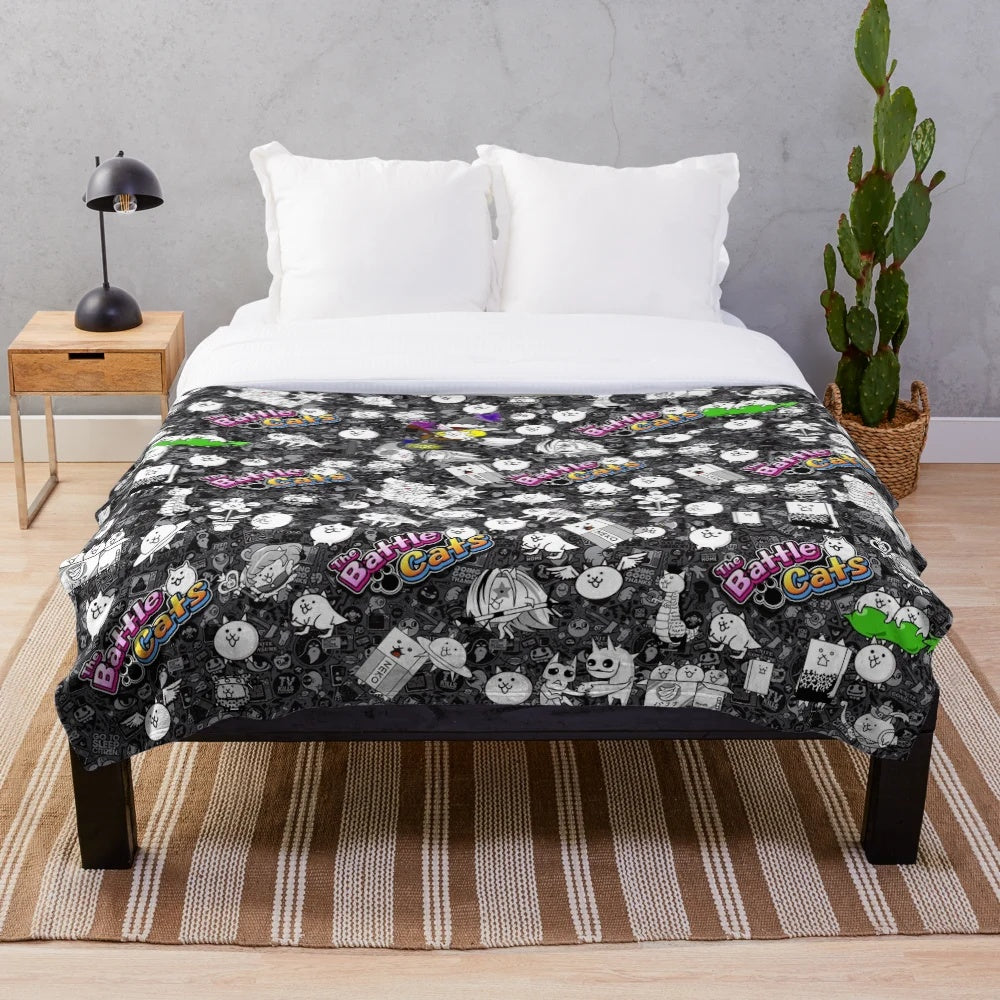 Battle Cats inspired plush blanket featuring adorable cat designs
