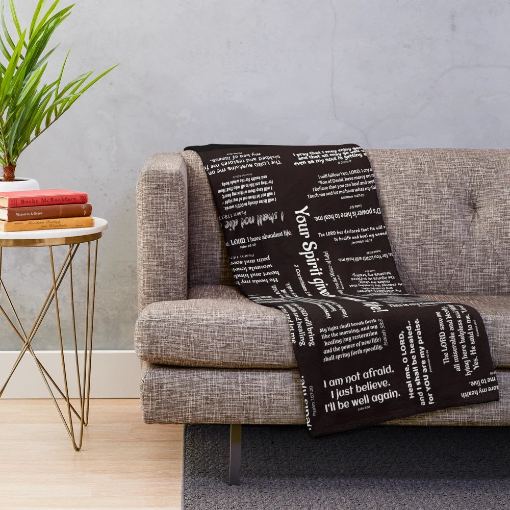 Cozy black plush blanket featuring healing scriptures from the Bible