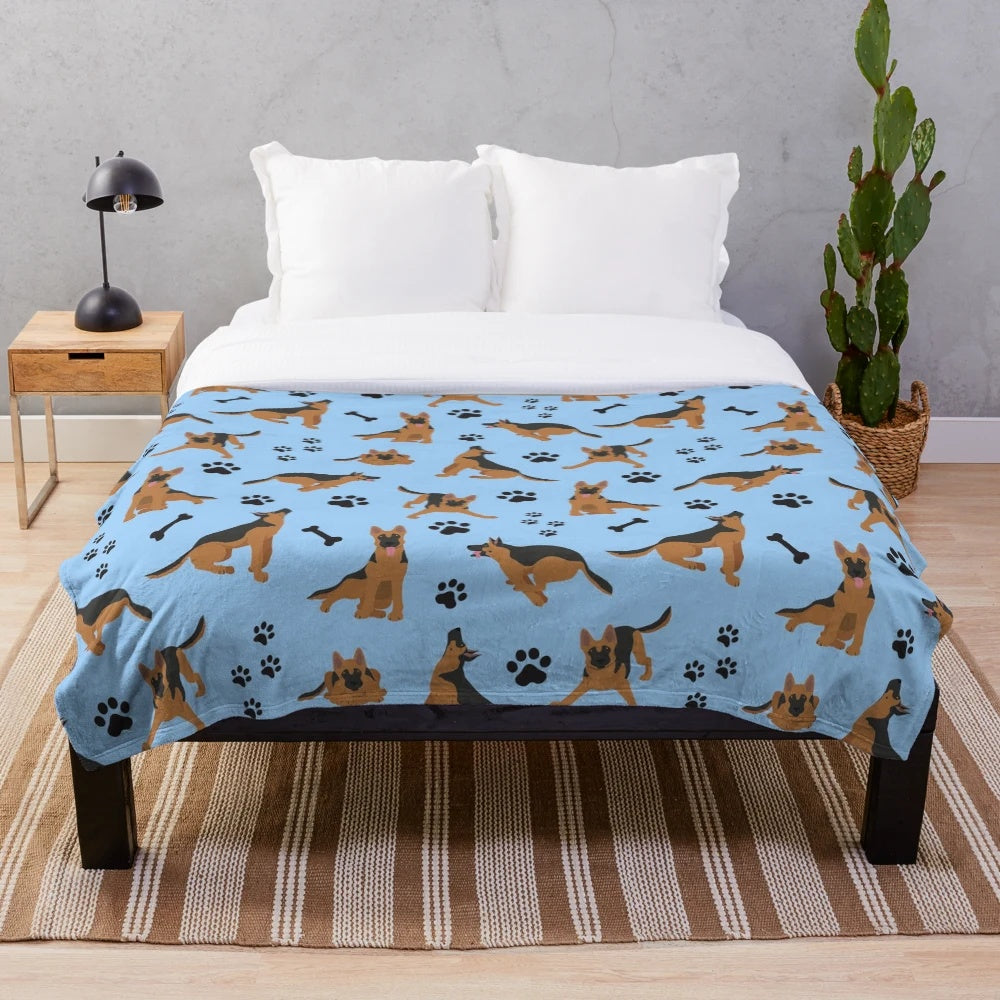 Blue plush blanket with a German Shepherd print design