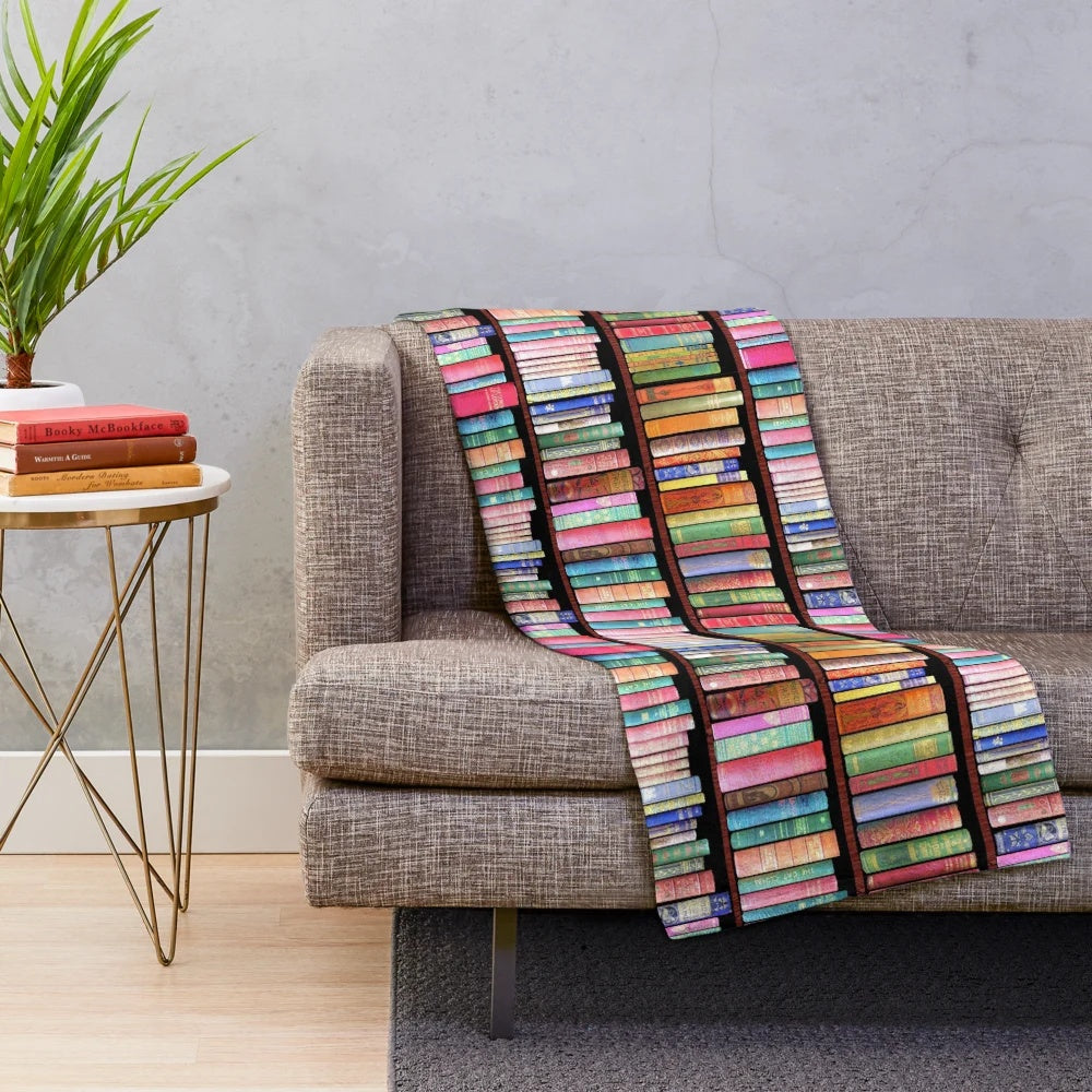 Plush blanket with vintage book and bookshelf design for book lovers