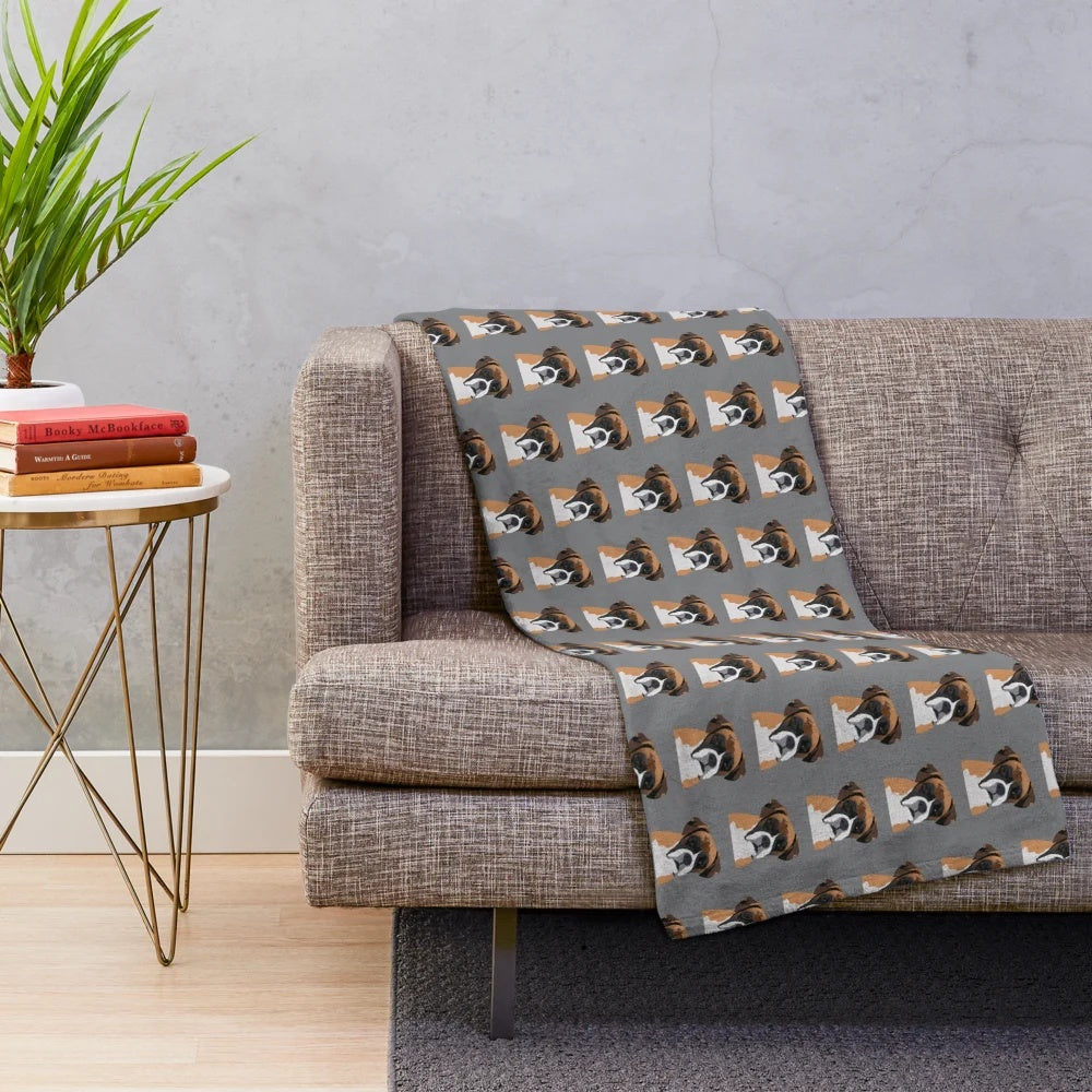Realistic portrait of a boxer dog on a plush blanket
