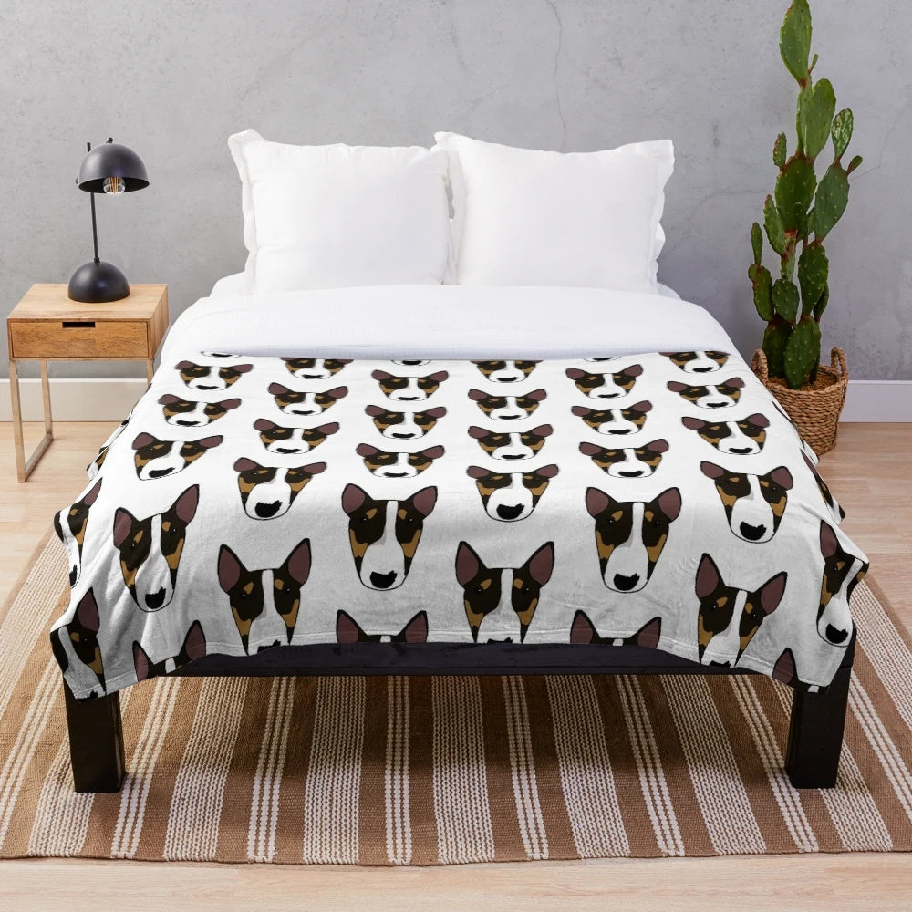 Soft and cuddly plush blanket featuring a bull terrier dog design