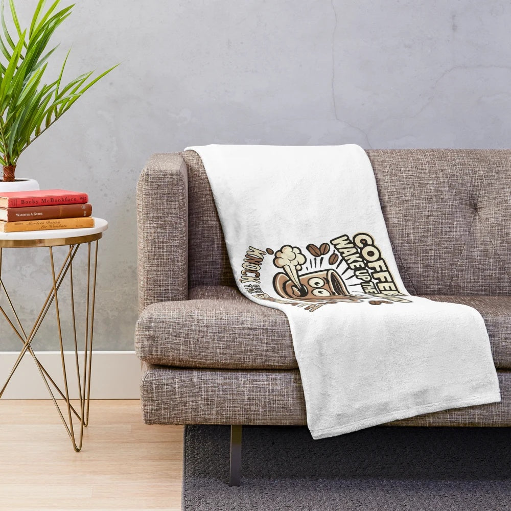 Plush blanket with a coffee and caffeine-themed design