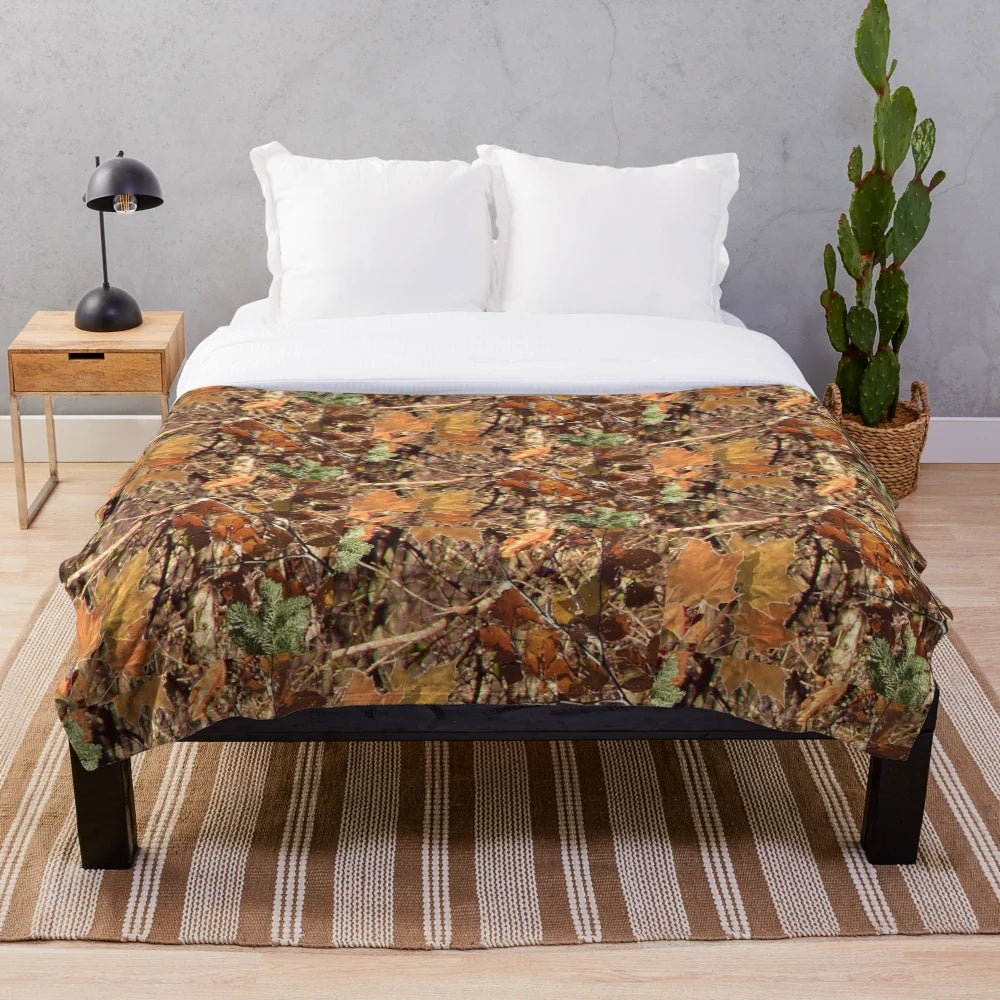 Detailed image of a high-resolution, sharp, fall-themed camouflage plush blanket
