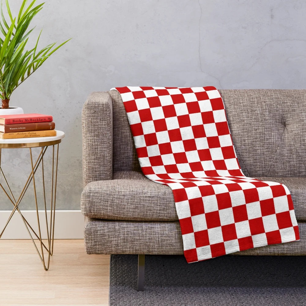 Cherry red and white checkered plush blanket