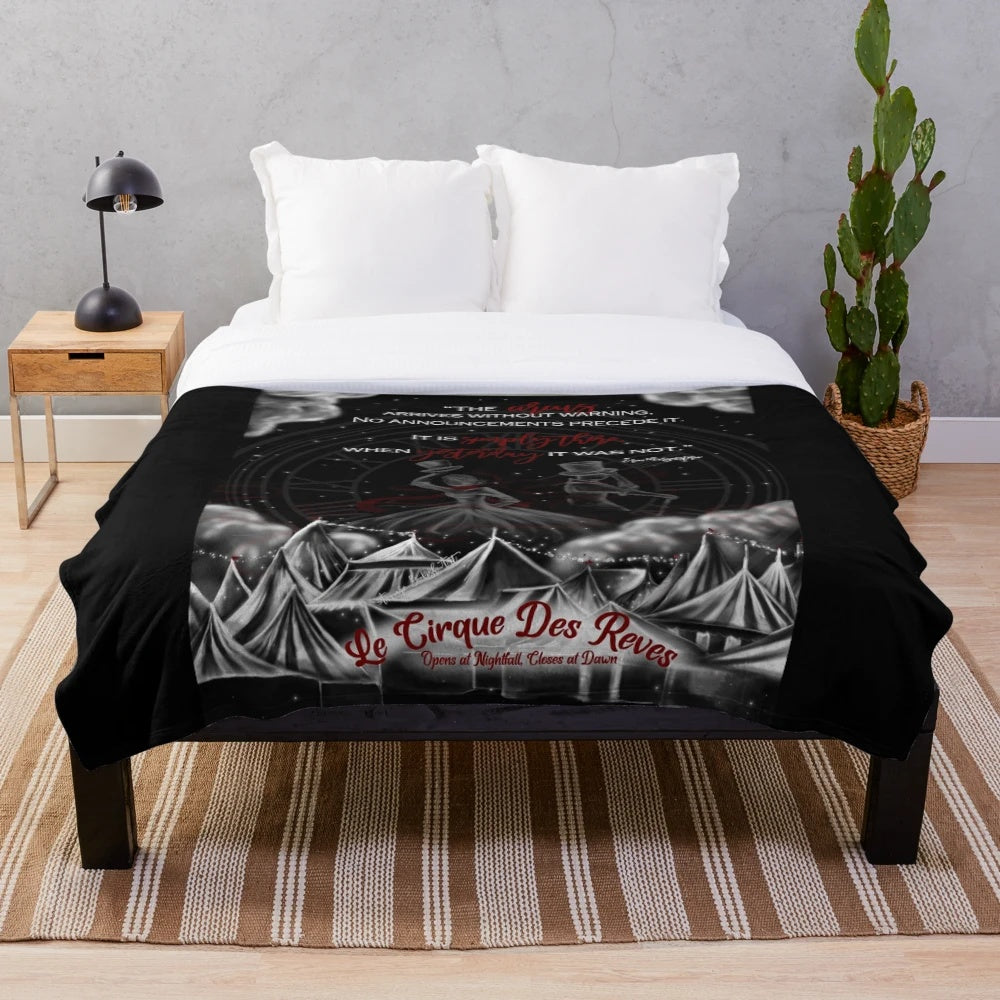 Night circus-themed plush blanket with whimsical circus elements
