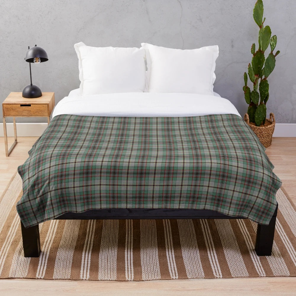 Clan Craig tartan plush blanket in gray, green, and red plaid pattern
