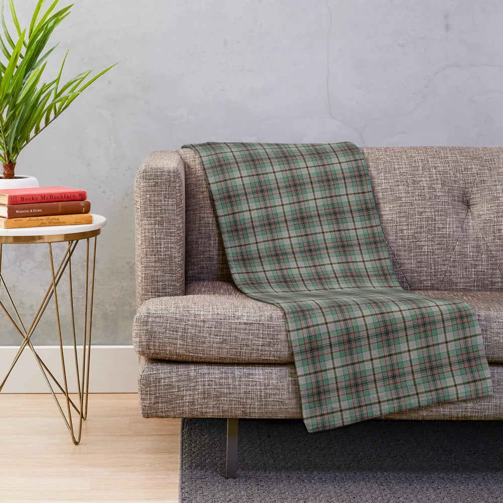 Clan Craig tartan plush blanket in gray, green, and red plaid pattern