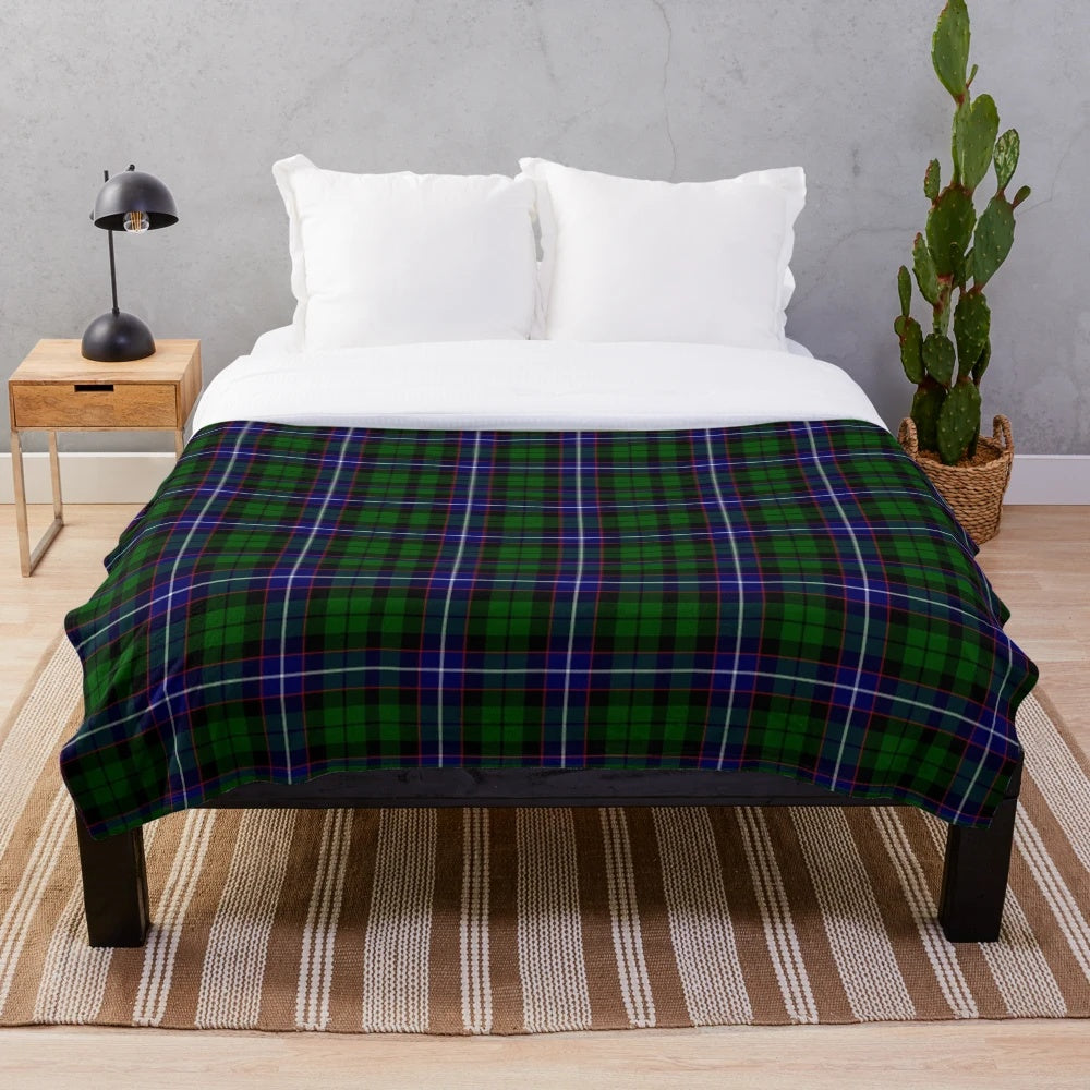 Clan Russell tartan plush blanket featuring the family's heraldic crest