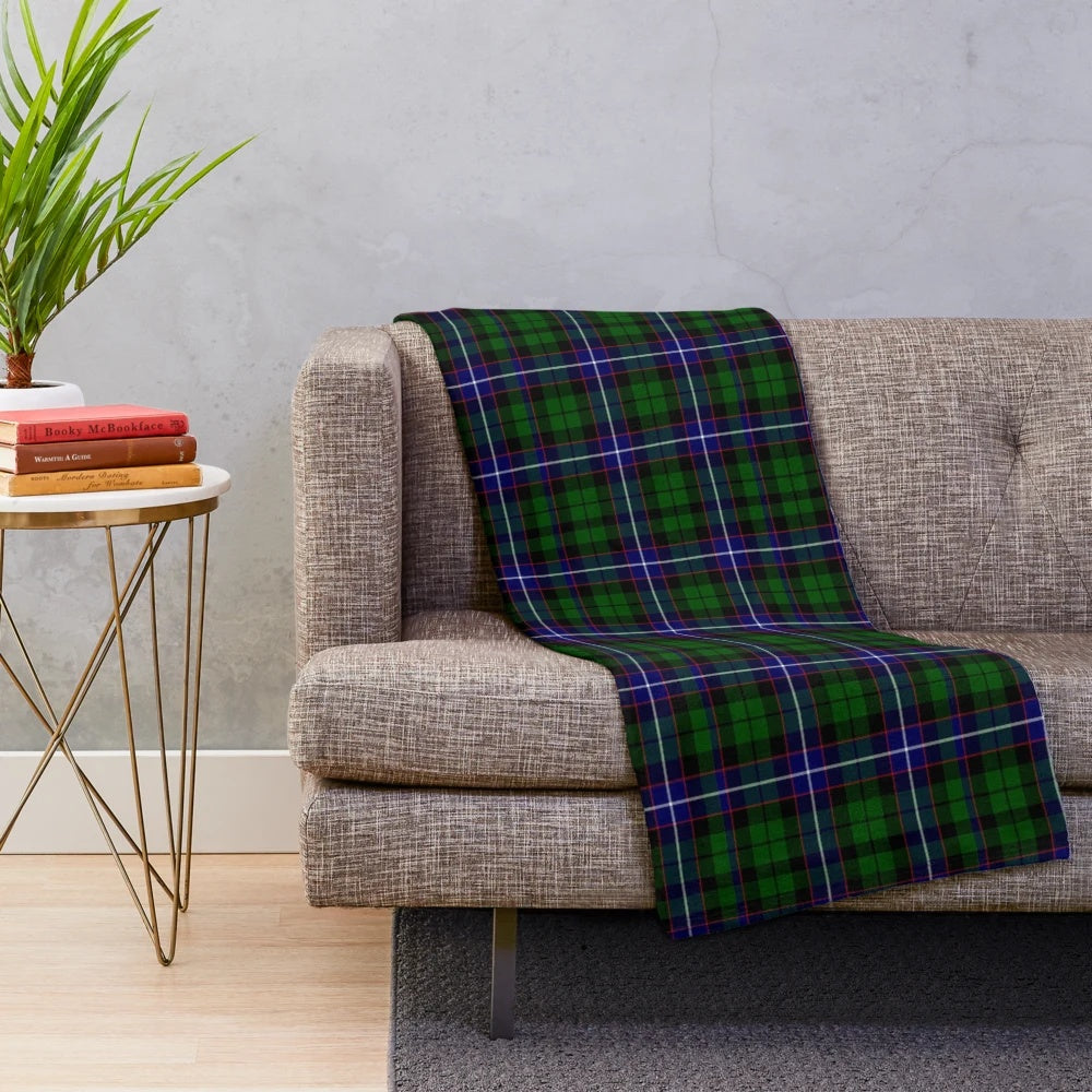 Clan Russell tartan plush blanket featuring the family's heraldic crest