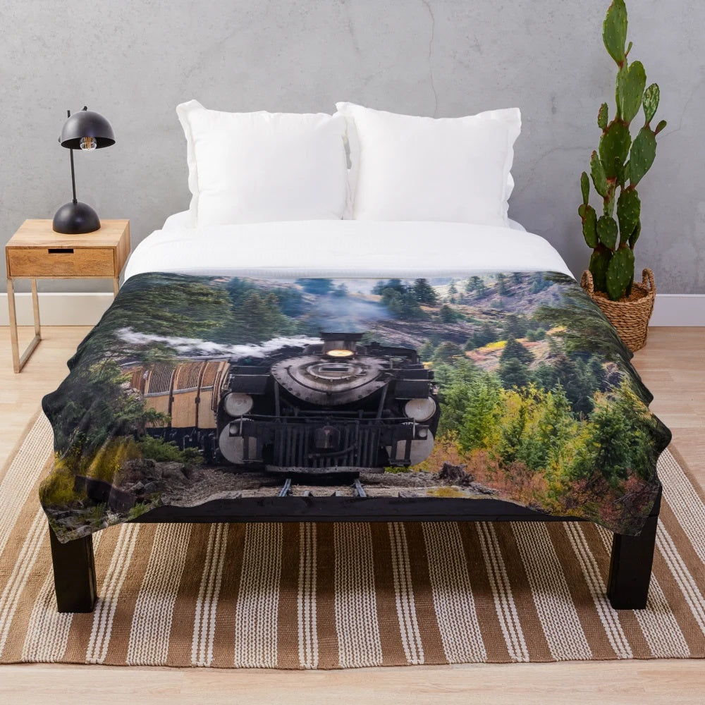 Plush blanket featuring a vintage steam train in the Colorado Rocky Mountains