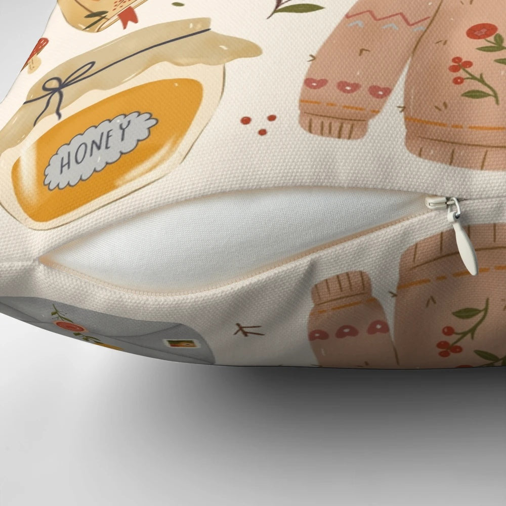 Cozy cottage-style throw pillow with floral and tea pot design for winter home decor