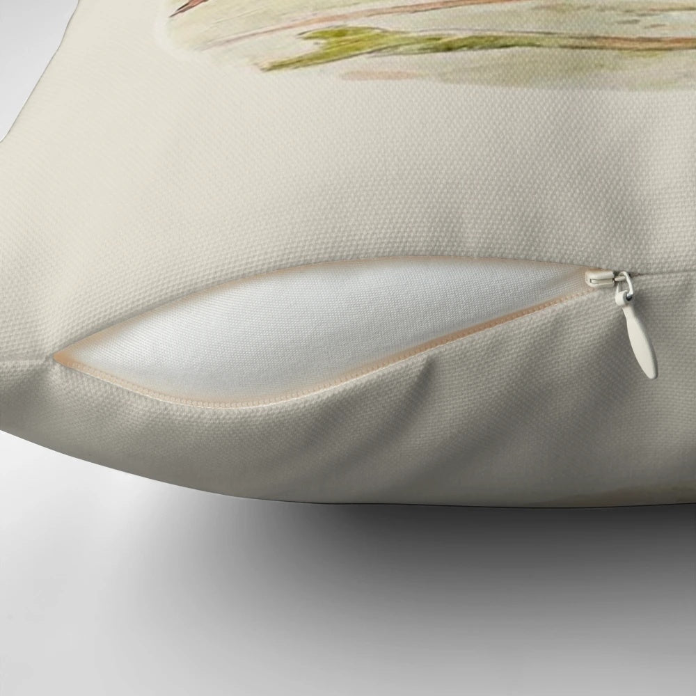 Cottagecore-style pillow featuring adorable calico critters and baby animals on a neutral, natural-toned background