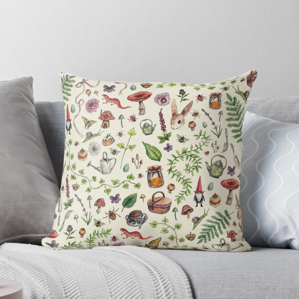 A soft, light green pillow with a cozy, cottagecore-inspired design featuring nature-inspired elements.