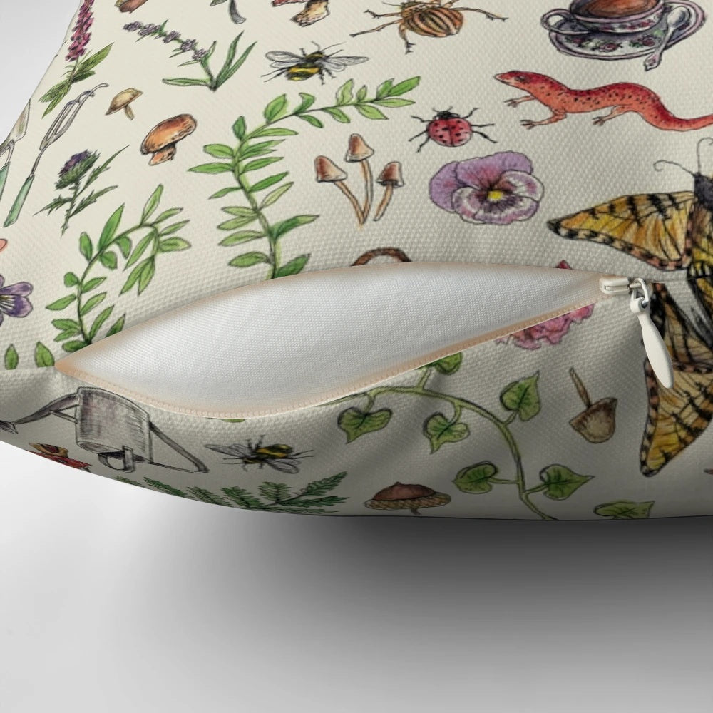 A soft, light green pillow with a cozy, cottagecore-inspired design featuring nature-inspired elements.