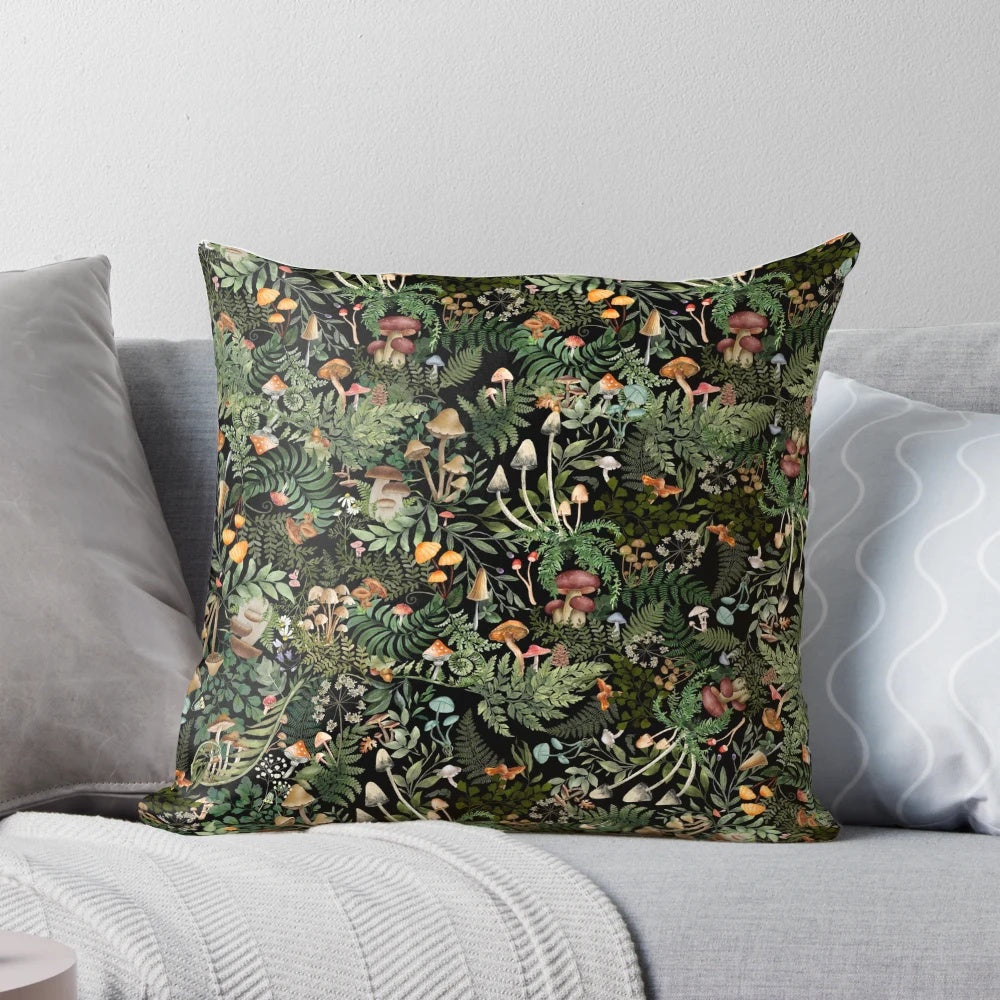 A soft, plush pillow featuring a whimsical forest forager design with mushrooms and nature motifs.