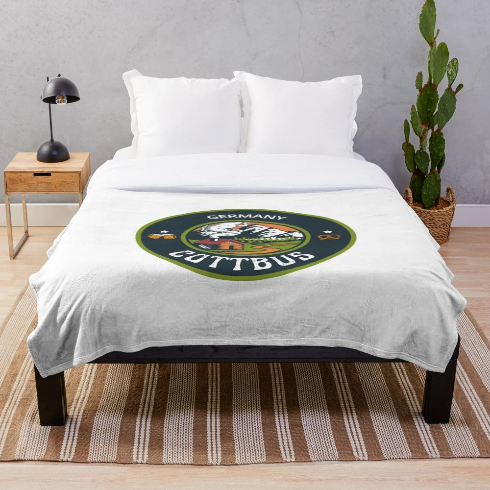Cottbus Germany plush blanket featuring a vintage green emblem design