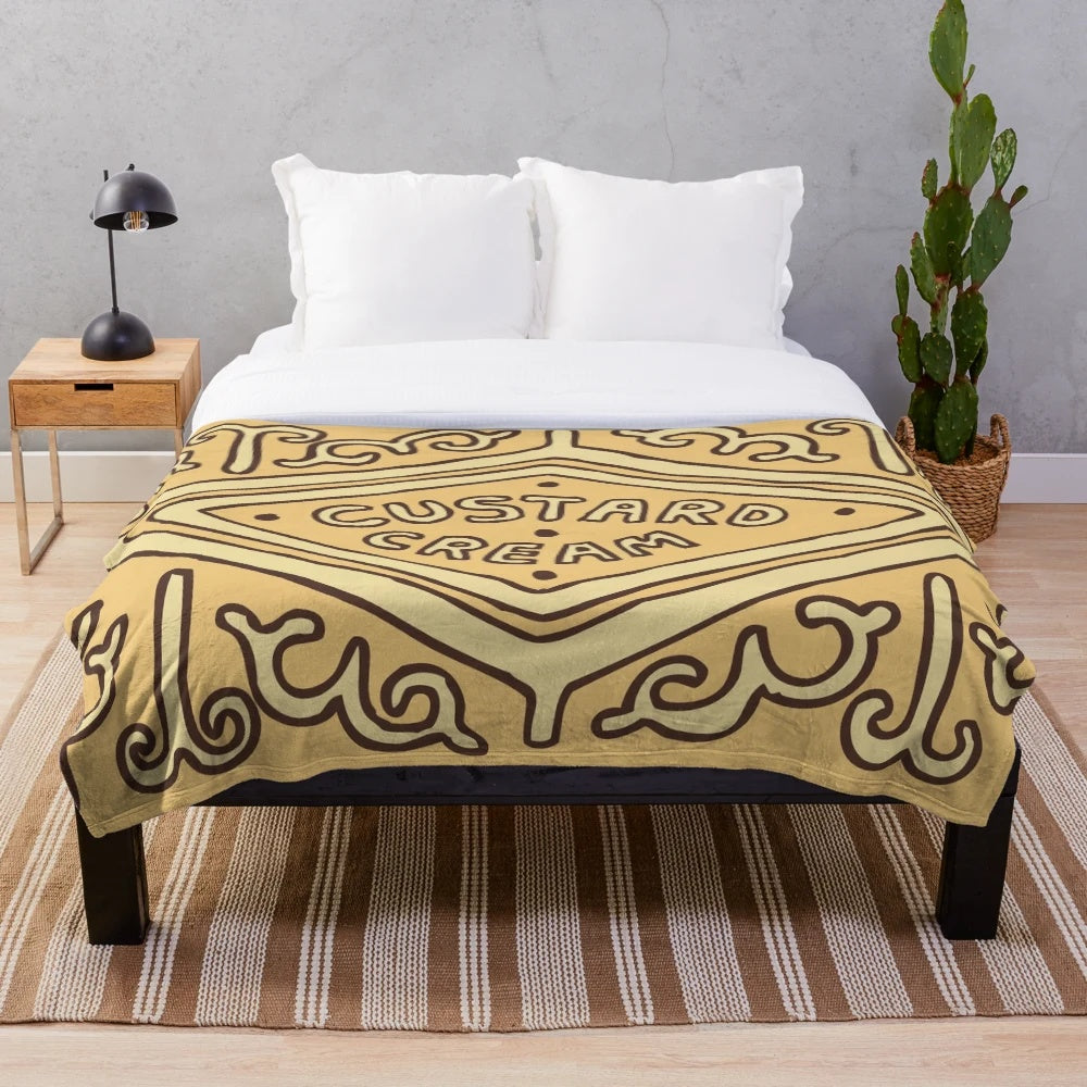 Custard cream biscuit plush blanket with a hand-drawn design