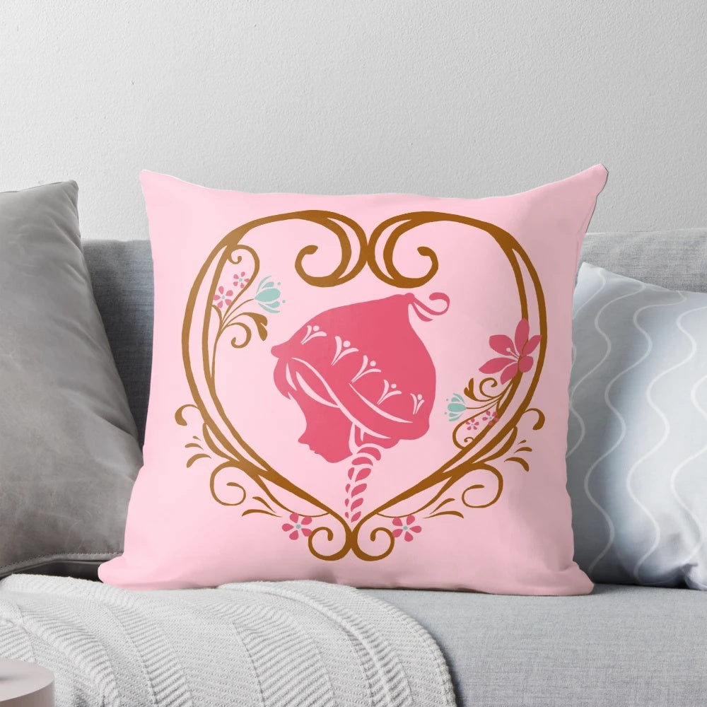 Decorative throw pillow featuring the Disney character Princess Anna from the movie Frozen, with a floral rosemaling design.