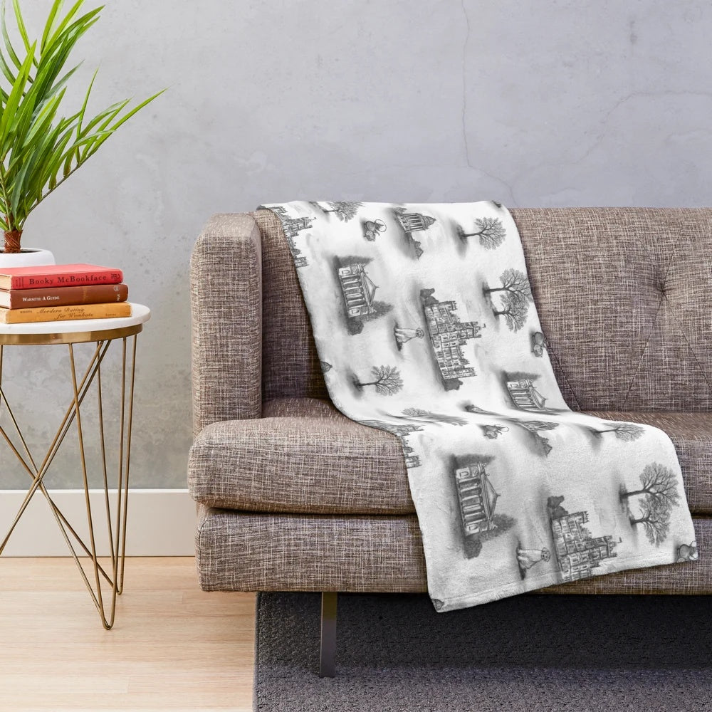 Downton Abbey inspired plush blanket with scenic design