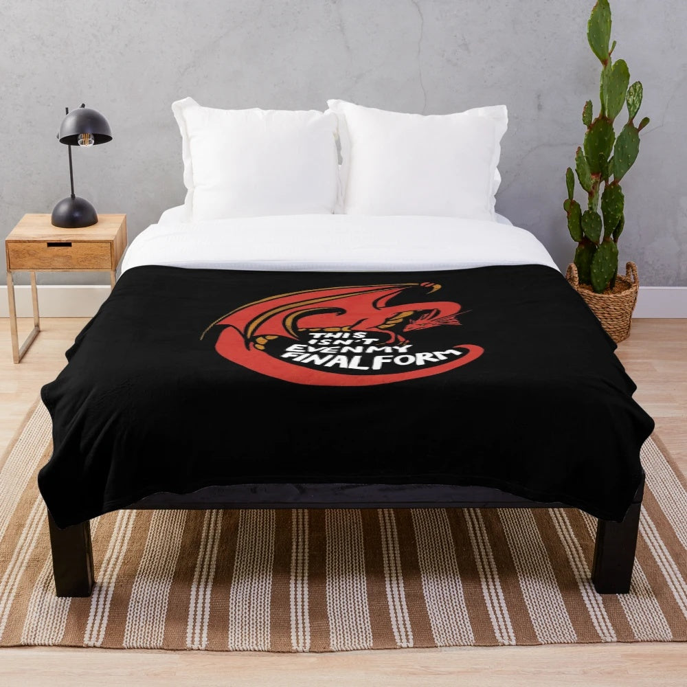 Plush dragon-themed blanket with funny "This isn't even my final form" text