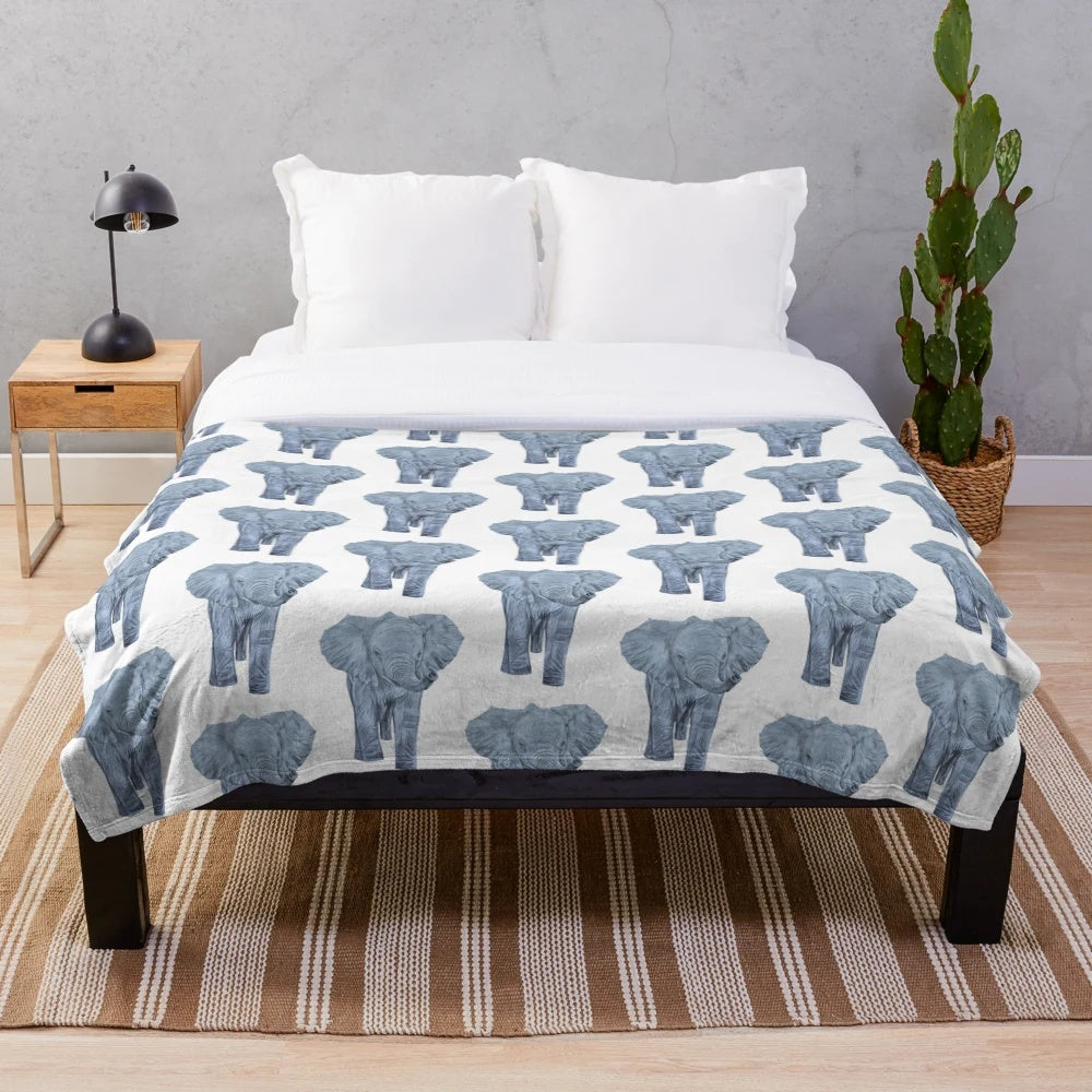 Soft and cuddly plush blanket featuring a detailed graphite drawing of an adorable elephant calf